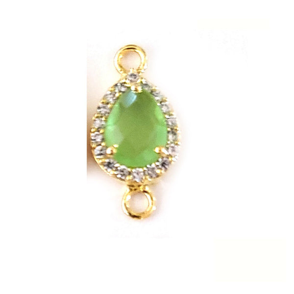 Green Chalcedony Quartz Hydro Gemstone Pear Briolette 8x10 MM Connectors With Setted CZ Pave 24K Gold Plated Over Silver Bezel Charms