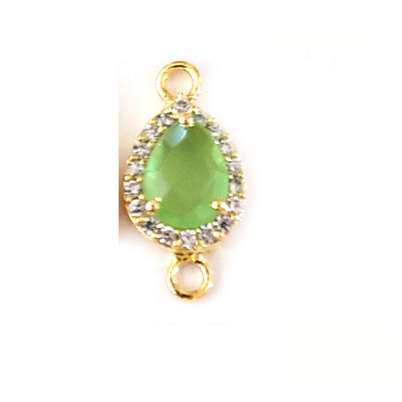 Green Chalcedony Quartz Hydro Gemstone Pear Briolette 8x10 MM Connectors With Setted CZ Pave 24K Gold Plated Over Silver Bezel Charms