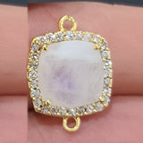 Rainbow Moonstone Natural Semi Precious Gemstone Cushion Briolette 15 MM Connectors With Setted CZ Pave 24K Gold Plated Over Silver Bezel