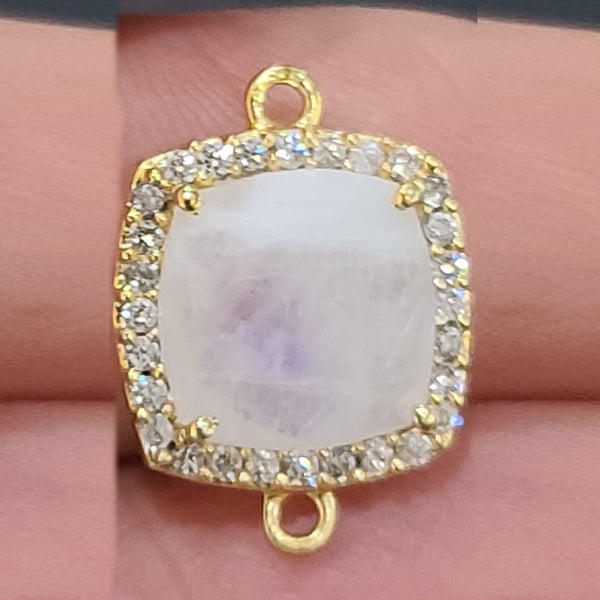 Rainbow Moonstone Natural Semi Precious Gemstone Cushion Briolette 15 MM Connectors With Setted CZ Pave 24K Gold Plated Over Silver Bezel