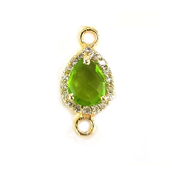 Peridot Quartz Pear Briolette Connector, CZ Pave 24K Gold Plated Charm