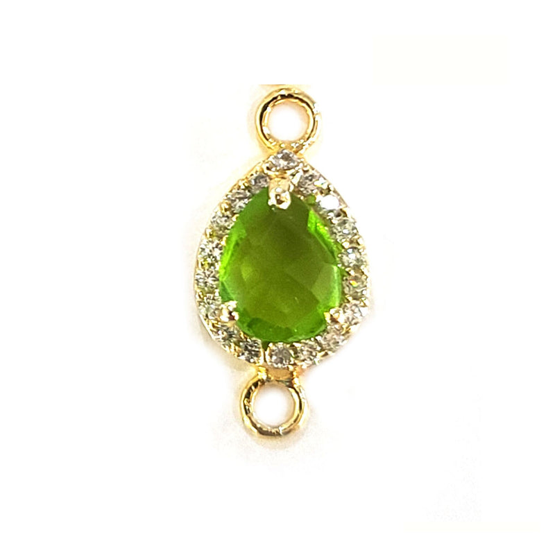 Peridot Quartz Pear Briolette Connector, CZ Pave 24K Gold Plated Charm