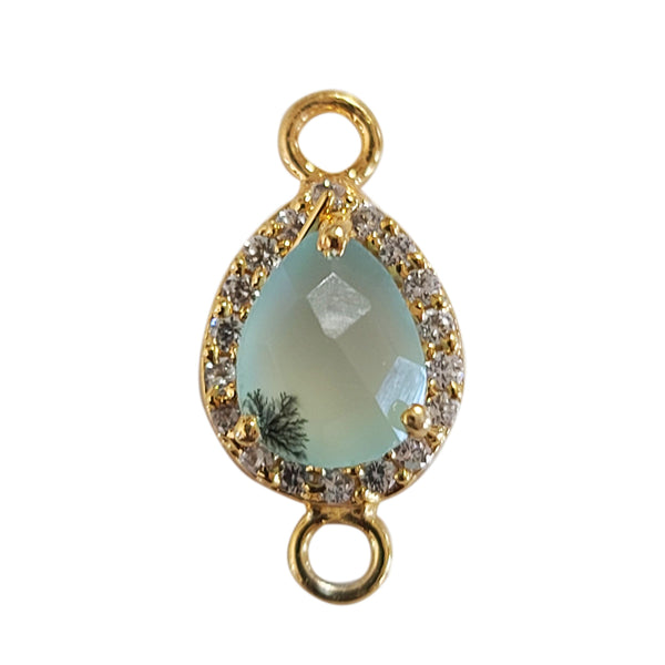 Prehnite Natural Semi Precious Gemstone Pear Briolette 8X10 MM Connectors With Setted CZ Pave 24K Gold Plated Over Silver Bezel Charms