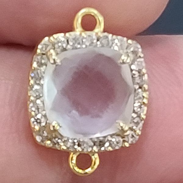 Clear Quartz Quartz Hydro Gemstone Square Briolette 12 MM Connectors With Setted CZ Pave 24K Gold Plated Over Silver Bezel Charms Jewelry