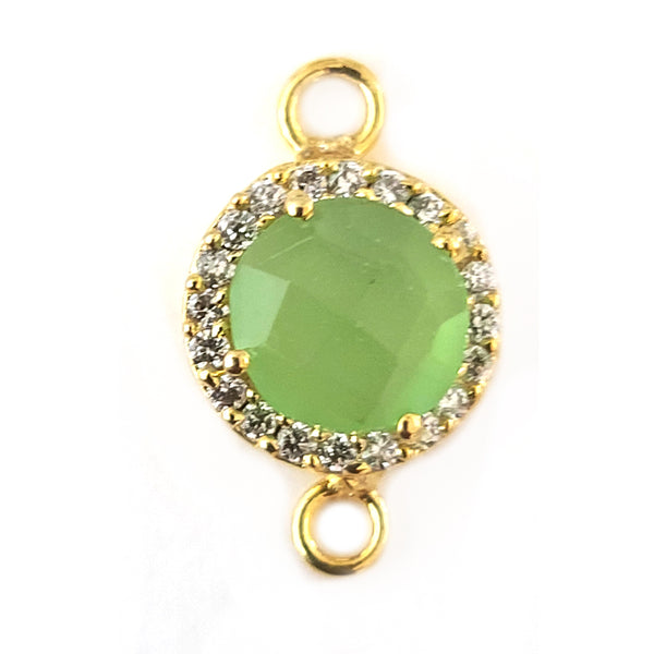Green Chalcedony Coin Charm, CZ Pave, 24K Gold Plated, 10mm