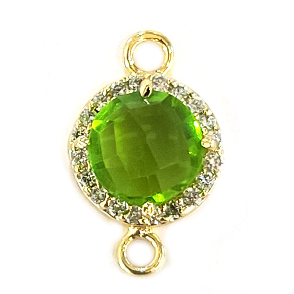 Peridot Quartz Hydro Gemstone Coin Briolette 8 MM Connectors With Setted CZ Pave 24K Gold Plated Over Silver Bezel Charms Jewelry