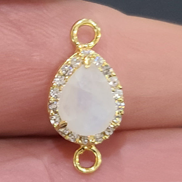 Rainbow Moonstone Natural Semi Precious Gemstone Pear Briolette 8X10 MM Connectors With Setted CZ Pave 24K Gold Plated Over Silver Bezel