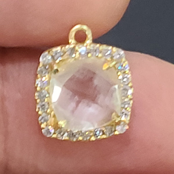 Clear Quartz Quartz Hydro Gemstone Square Briolette 15 MM Connectors With Setted CZ Pave 24K Gold Plated Over Silver Bezel Charms Jewelry