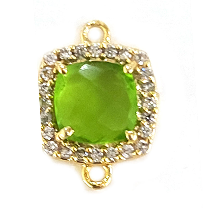 Peridot Quartz Hydro Gemstone Cushion Briolette 10 MM Connectors With Setted CZ Pave 24K Gold Plated Over Silver Bezel Charms Jewelry