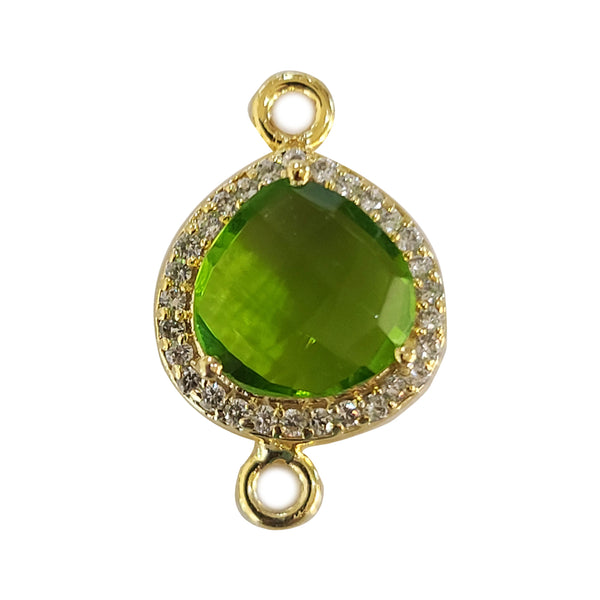 Peridot Quartz Hydro Gemstone Heart Briolette 12 MM Connectors With Setted CZ Pave 24K Gold Plated Over Silver Bezel Charms Jewelry