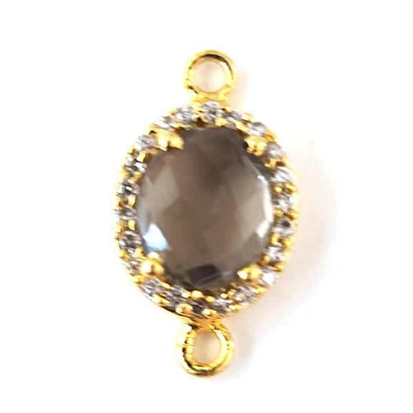 Smoky Quartz Quartz Hydro Gemstone Oval Briolette 12X15 MM Connectors With Setted CZ Pave 24K Gold Plated Over Silver Bezel Charms Jewelry