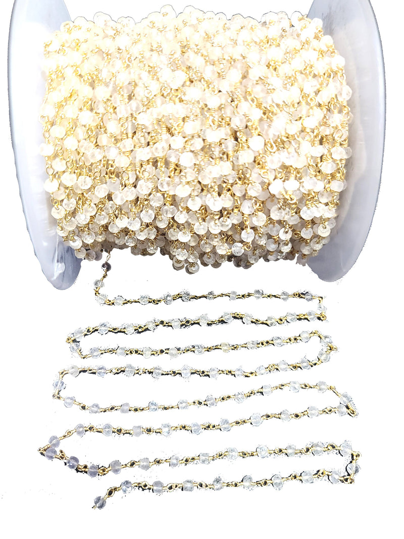 white topaz natural semi-precious gemstone beads 24k gold plated over silver rosary chain for a necklace, earrings, anklet, and bracelet making.