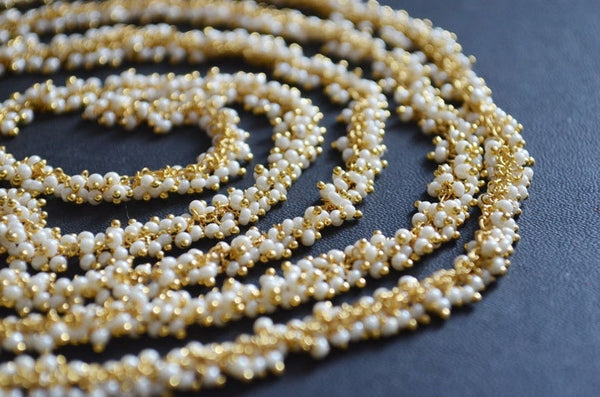 pearl smooth semi-precious gemstone beads 24k gold plated over silver rosary chain for a necklace, earrings, anklet, and bracelet making.