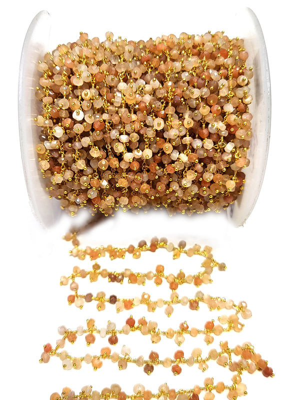 dark multi moonstone natural semi-precious gemstone beads 24k gold plated over silver rosary chain for a necklace, earrings, anklet, and bracelet making.