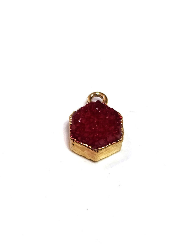 Red druzy hexagon bezel charms, 10mm single bail 24k gold electroplated women jewelry making earrings, pendants, bracelets, necklaces, and DIY crafts.