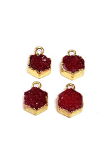 Red druzy hexagon bezel charms, 24k gold electroplated women jewelry-making earrings, pendants, bracelets, necklaces, and DIY crafts.