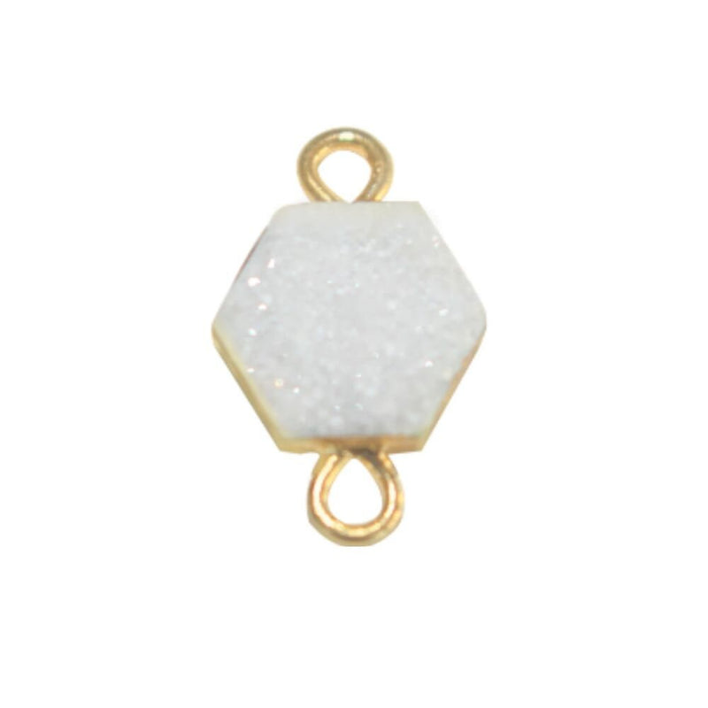 White druzy natural bezel charms connectors, 12mm hexagon-shaped 24k gold electroplated women jewelry-making earrings, bracelets, necklaces, and DIY crafts.
