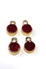 Red druzy coin round bezel charms, 6mm, 8mm, 10mm single bail 24k gold electroplated women jewelry-making earrings, pendants, bracelets, necklaces, and DIY craft supplies.