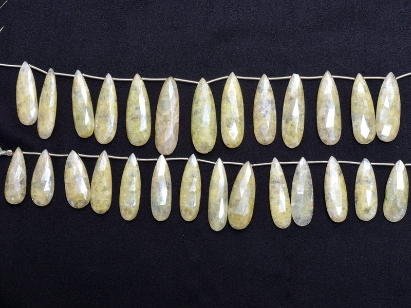 Green grapolite gemstone bead strands, pear-shaped 4-inch long bead strand, faceted bead size 10.5X28-9X34mm, handmade gemstone bead strand 81 carats, women jewelry making necklaces, earrings, and bracelets bead strands.