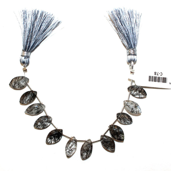 Black rutile/termilated quartz natural gemstone bead strands, marquise-shaped 4-inch long bead strand, faceted bead size 7X13.5-7X14mm, handmade gemstone bead strand 34 carats, women jewelry making necklaces, earrings, and bracelets bead strands.