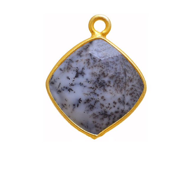 Dendrite Opal Cushion/Diamond Pendant - Boho Chic Gemstone Necklace with 24kt Gold Elegance
