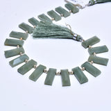 Green cat's eye gemstone bead strands, rectangle/baguettes-shaped 4-inch long bead strand, faceted bead size 7X18-6.5X18mm, handmade gemstone bead strand 55 carats, women jewelry making necklaces, earrings, and bracelets bead strands.