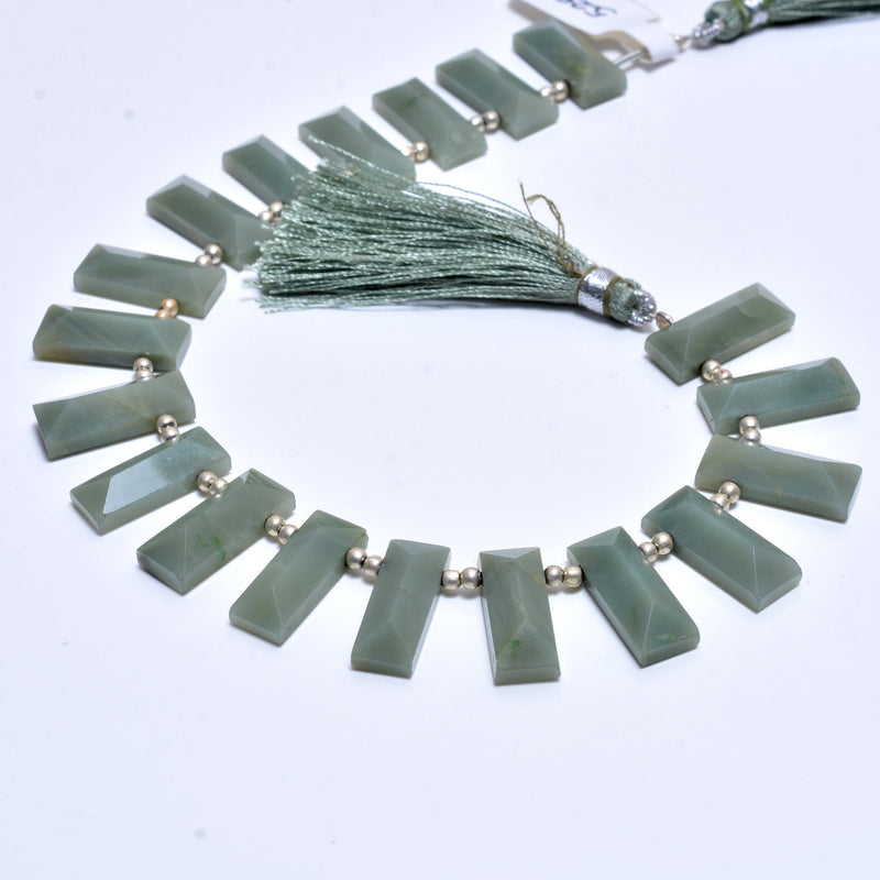 Green cat's eye gemstone bead strands, rectangle/baguettes-shaped 4-inch long bead strand, faceted bead size 7X18-6.5X18mm, handmade gemstone bead strand 55 carats, women jewelry making necklaces, earrings, and bracelets bead strands.