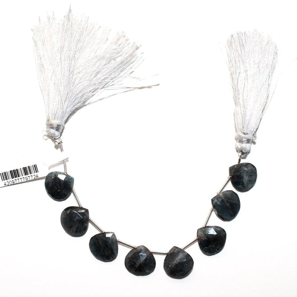 Black moss aquamarine natural gemstone bead strands, heart-shaped 4-inch long bead strand, faceted bead size 10mm, handmade gemstone bead strand 27 carats, women jewelry making necklaces, earrings, and bracelets bead strands.