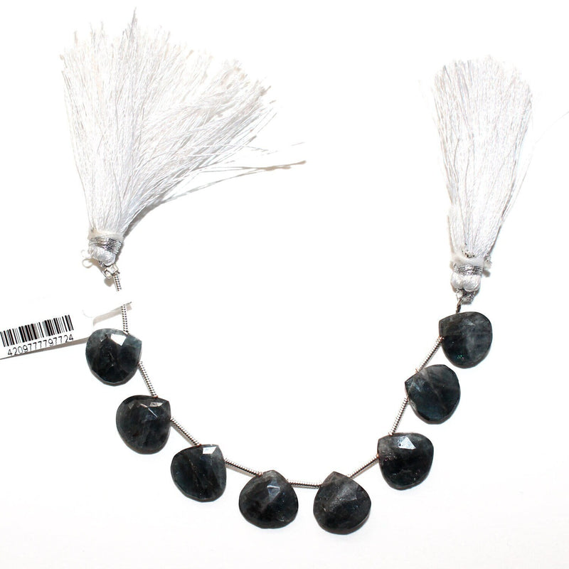 Black moss aquamarine natural gemstone bead strands, heart-shaped 4-inch long bead strand, faceted bead size 10mm, handmade gemstone bead strand 27 carats, women jewelry making necklaces, earrings, and bracelets bead strands.