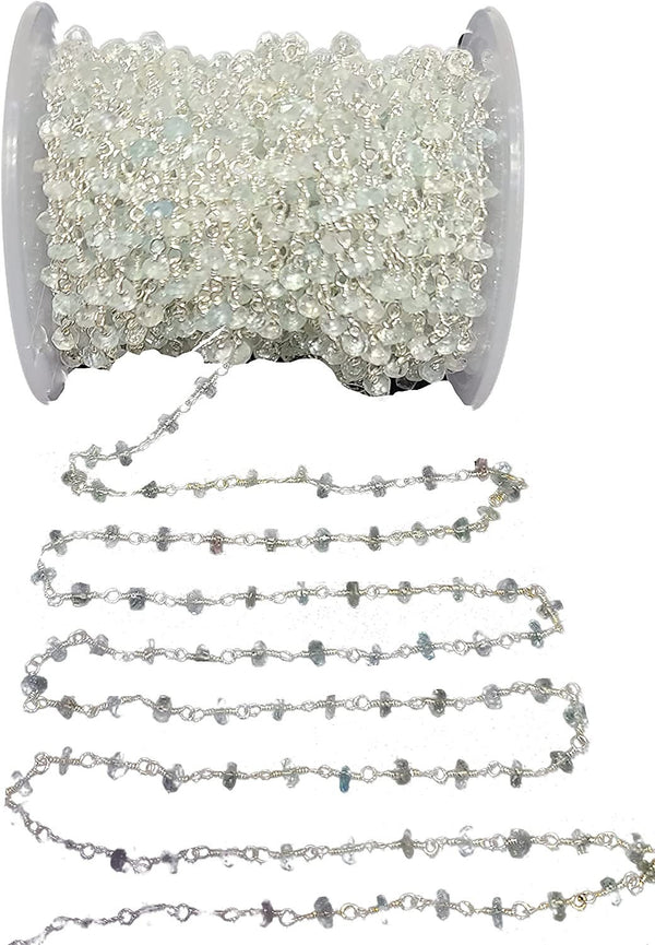 Aquamarine natural semi-precious gemstone beads 3mm rosary chain for a necklace, earrings, anklet, and bracelet making.