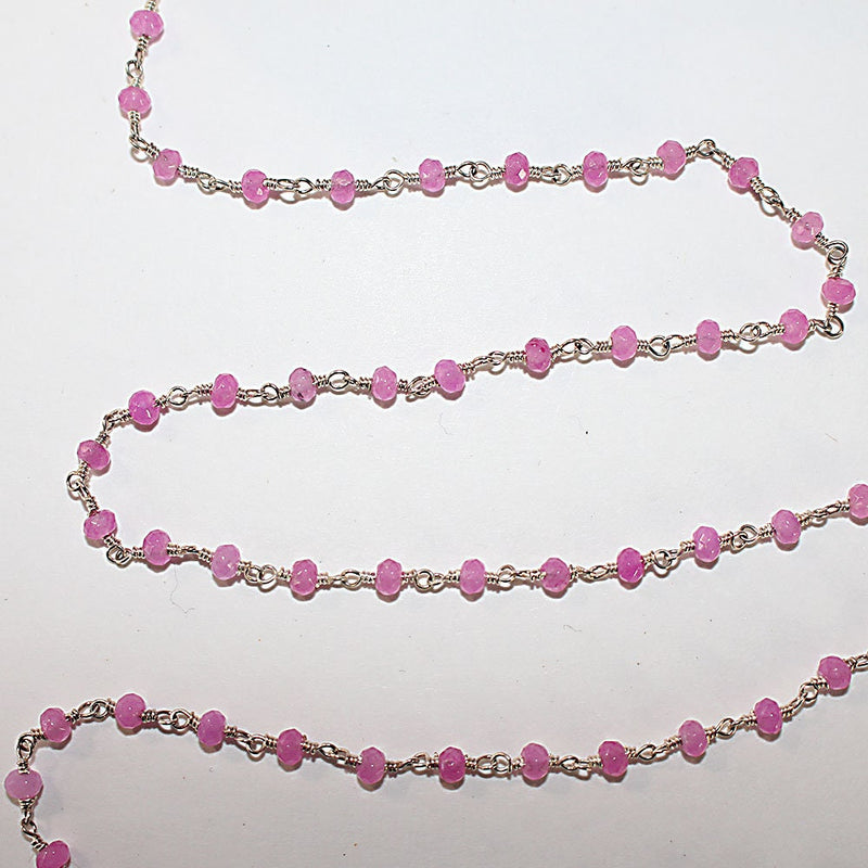 Fuschia Pink Chalcedony natural semi-precious gemstone beads 3mm rosary chain for a necklace, earrings, anklet, and bracelet making.