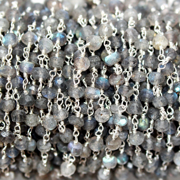 Labradorite natural semi-precious gemstone beads 3mm, 4mm silver plated rosary chain for a necklace, earrings, anklet, and bracelet making.