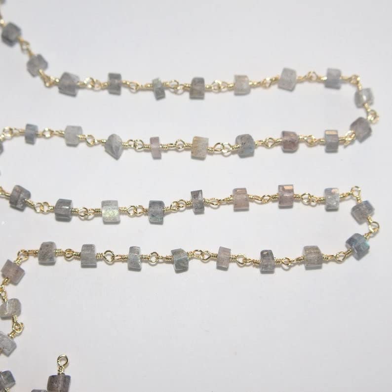 Labradorite natural semi-precious gemstone smooth square box beads 2X2mm silver plated rosary chain for a necklace, earrings, anklet, and bracelet making.