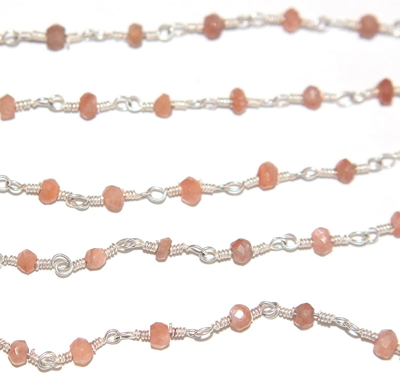 Peach Moonstone natural semi-precious gemstone beads 3mm rosary chain for a necklace, earrings, anklet, and bracelet making.