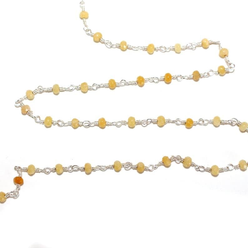 Yellow Sapphire natural semi-precious gemstone beads 3mm rosary chain for a necklace, earrings, anklet, and bracelet making.