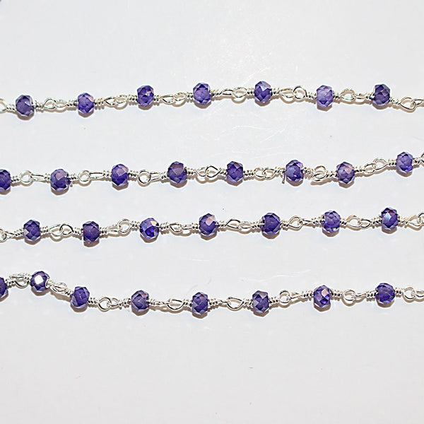 Zircon Amethyst natural semi-precious gemstone beads 3mm silver plated rosary chain for a necklace, earrings, anklet, and bracelet making.