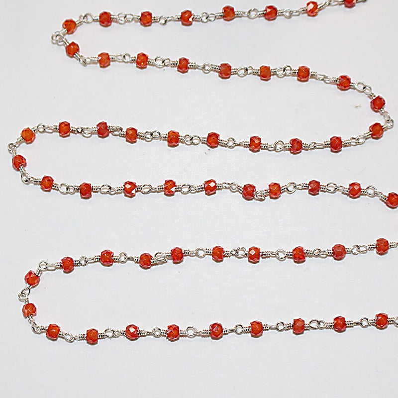 Zircon Orange natural semi-precious gemstone beads 3mm silver plated rosary chain for a necklace, earrings, anklet, and bracelet making.