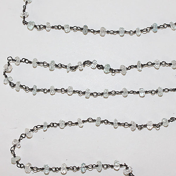 Aquamarine natural semi-precious gemstone beads 3mm rosary chain for a necklace, earrings, anklet, and bracelet making.