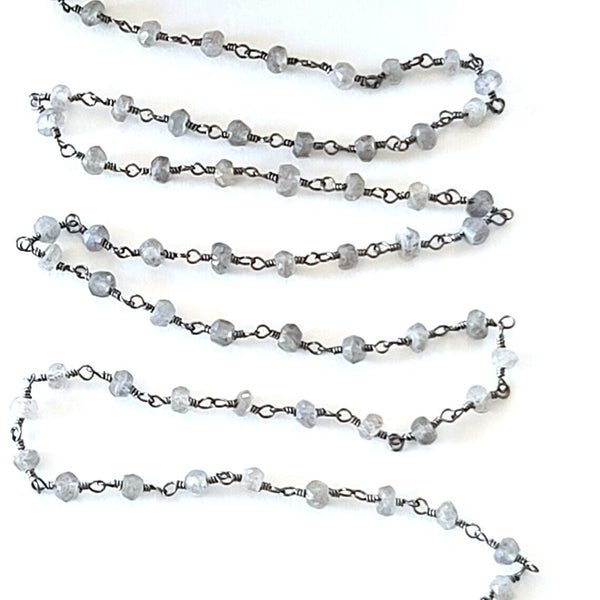 Labradorite natural semi-precious gemstone beads 3mm antique black oxidized rosary chain for a necklace, earrings, anklet, and bracelet making.