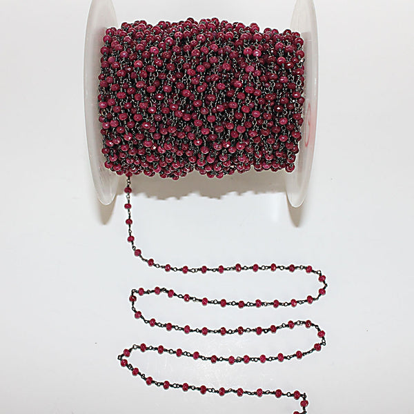 Ruby Jade natural semi-precious gemstone beads 3mm antique black oxidized rosary chain for a necklace, earrings, anklet, and bracelet making.