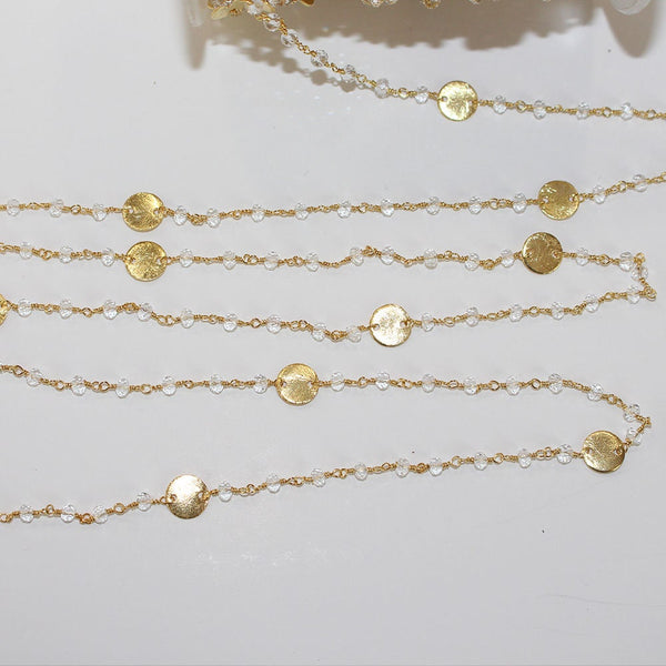 Clear Quartz gemstone faceted rondelle bead rosary coin chain 24k gold plated over silver, women jewelry making necklaces, earrings, anklets, and bracelets.