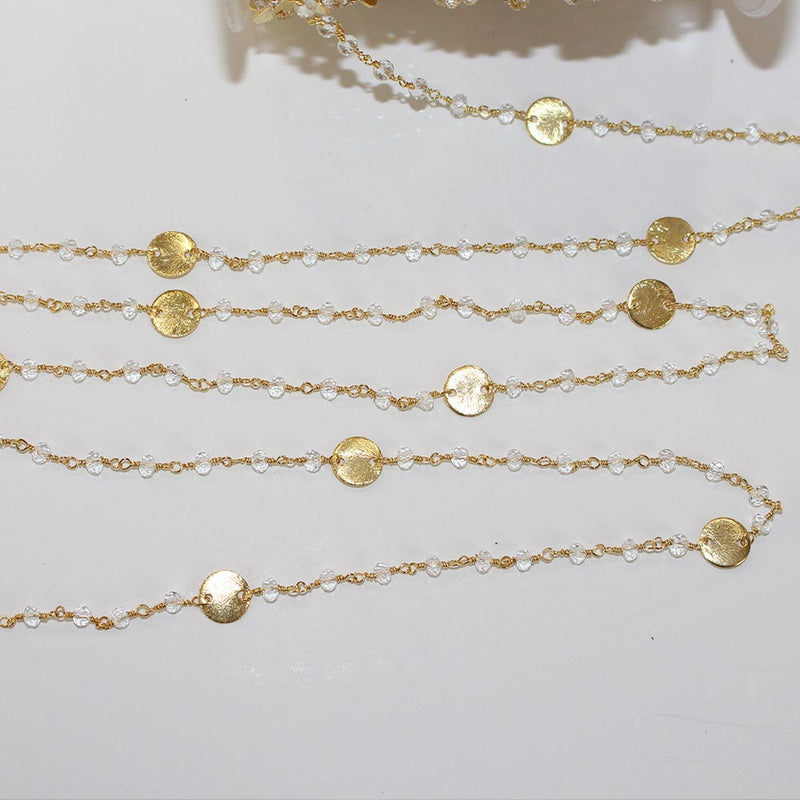 Clear Quartz gemstone faceted rondelle bead rosary coin chain 24k gold plated over silver, women jewelry making necklaces, earrings, anklets, and bracelets.