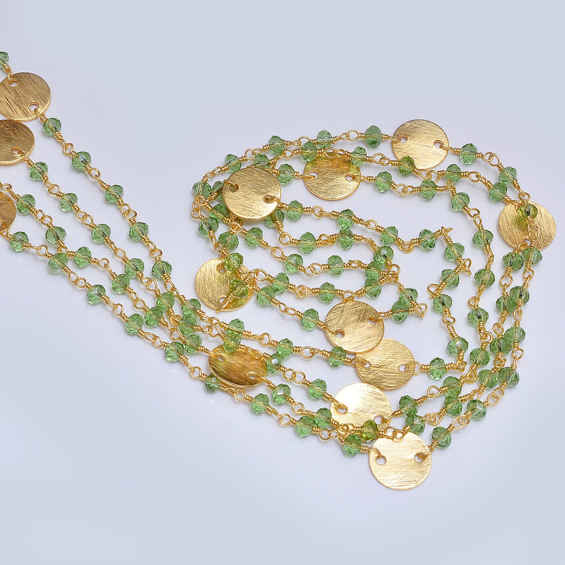 Peridot gemstone faceted rondelle bead rosary coin chain 24k gold plated over silver, women jewelry making necklaces, earrings, anklets, and bracelets.