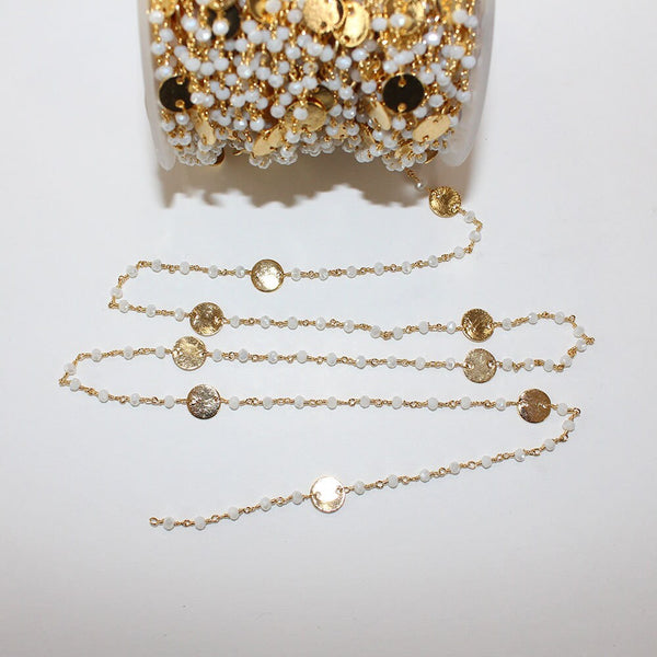 White Chalcedony gemstone faceted rondelle bead rosary coin chain 24k gold plated over silver, women jewelry making necklaces, earrings, anklets, and bracelets.