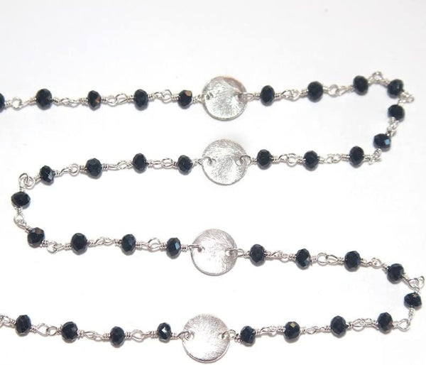 Black Spinel gemstone faceted rondelle bead rosary coin chain silver, women jewelry making necklaces, earrings, anklets, and bracelets.