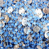Blue Chalcedony gemstone faceted rondelle bead rosary coin chain silver, women jewelry making necklaces, earrings, anklets, and bracelets.