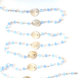 Peruvian Blue Chalcedony gemstone faceted rondelle bead rosary coin chain silver, women jewelry making necklaces, earrings, anklets, and bracelets.