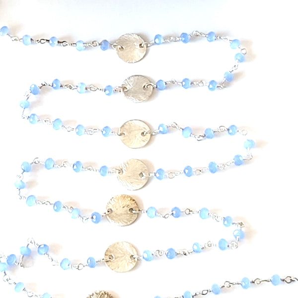 Peruvian Blue Chalcedony gemstone faceted rondelle bead rosary coin chain silver, women jewelry making necklaces, earrings, anklets, and bracelets.