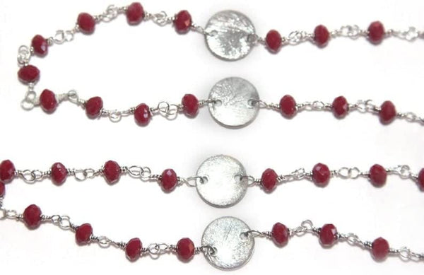 Coral Quartz gemstone faceted rondelle bead rosary coin chain silver, women jewelry making necklaces, earrings, anklets, and bracelets.