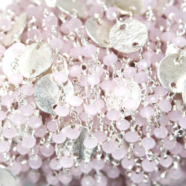Pink Chalcedony gemstone faceted rondelle bead rosary coin chain women jewelry making necklaces, earrings, anklets, and bracelets.